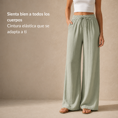 Pantalón de efecto lino con cintura elástica y pierna ancha