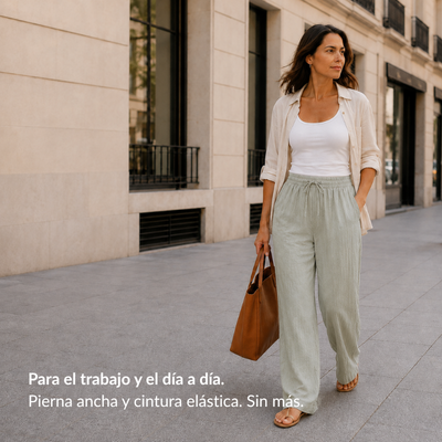 Pantalón de efecto lino con cintura elástica y pierna ancha