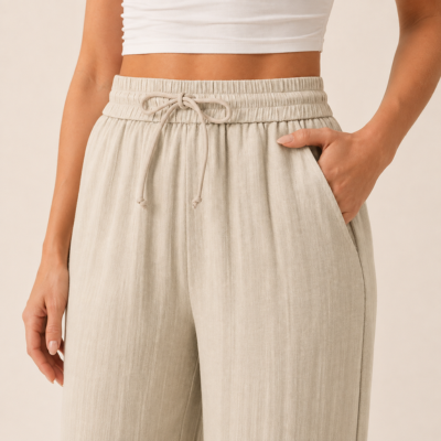 Pantalón de efecto lino con cintura elástica y pierna ancha