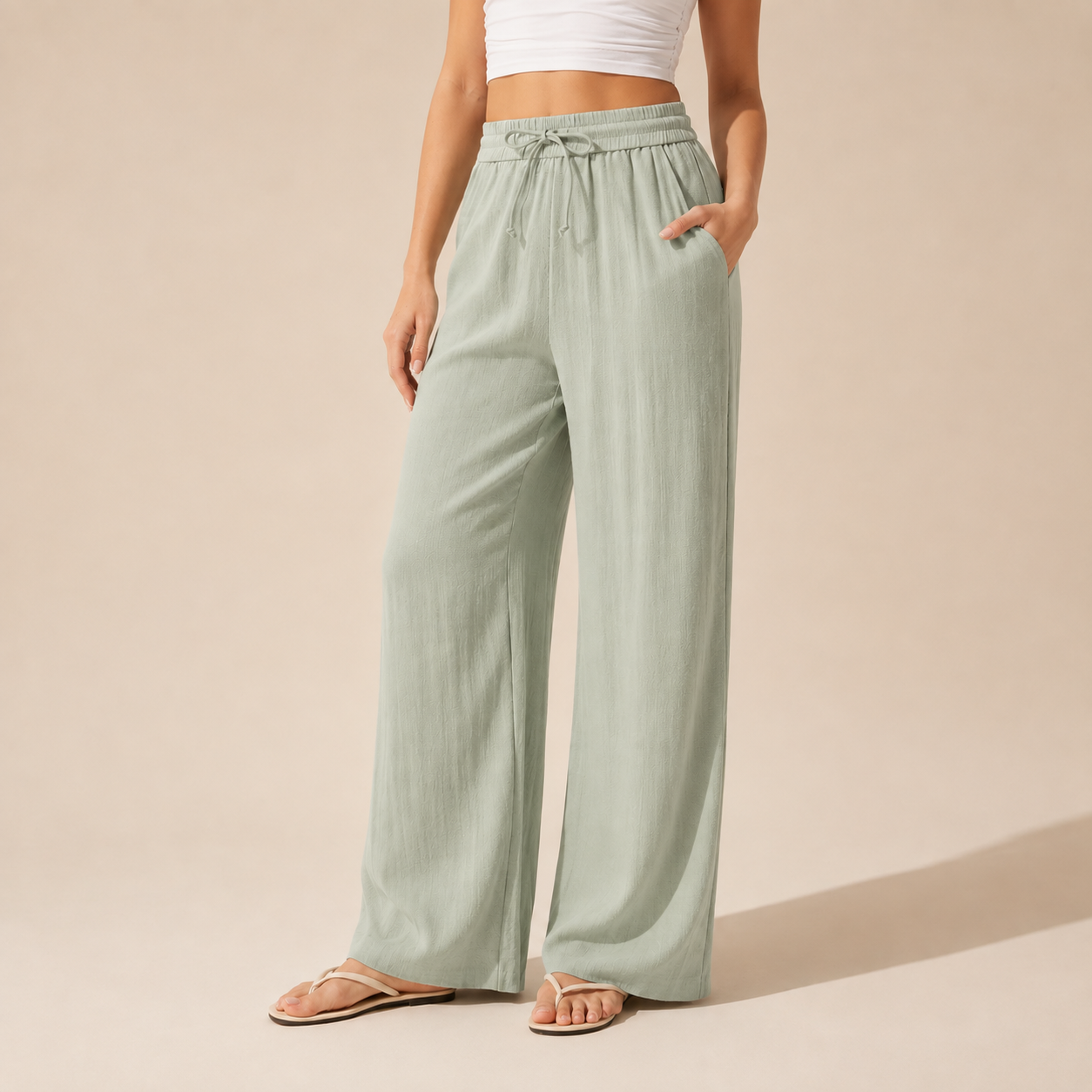Pantalón de efecto lino con cintura elástica y pierna ancha