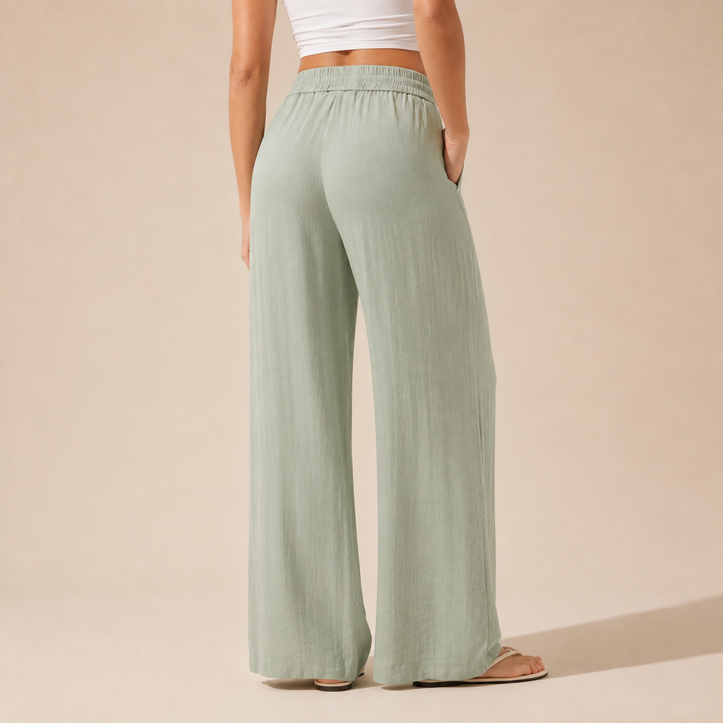 Pantalón de efecto lino con cintura elástica y pierna ancha