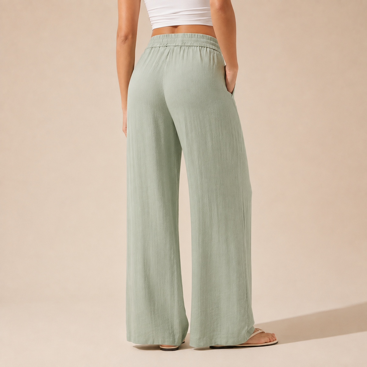 Pantalón de efecto lino con cintura elástica y pierna ancha