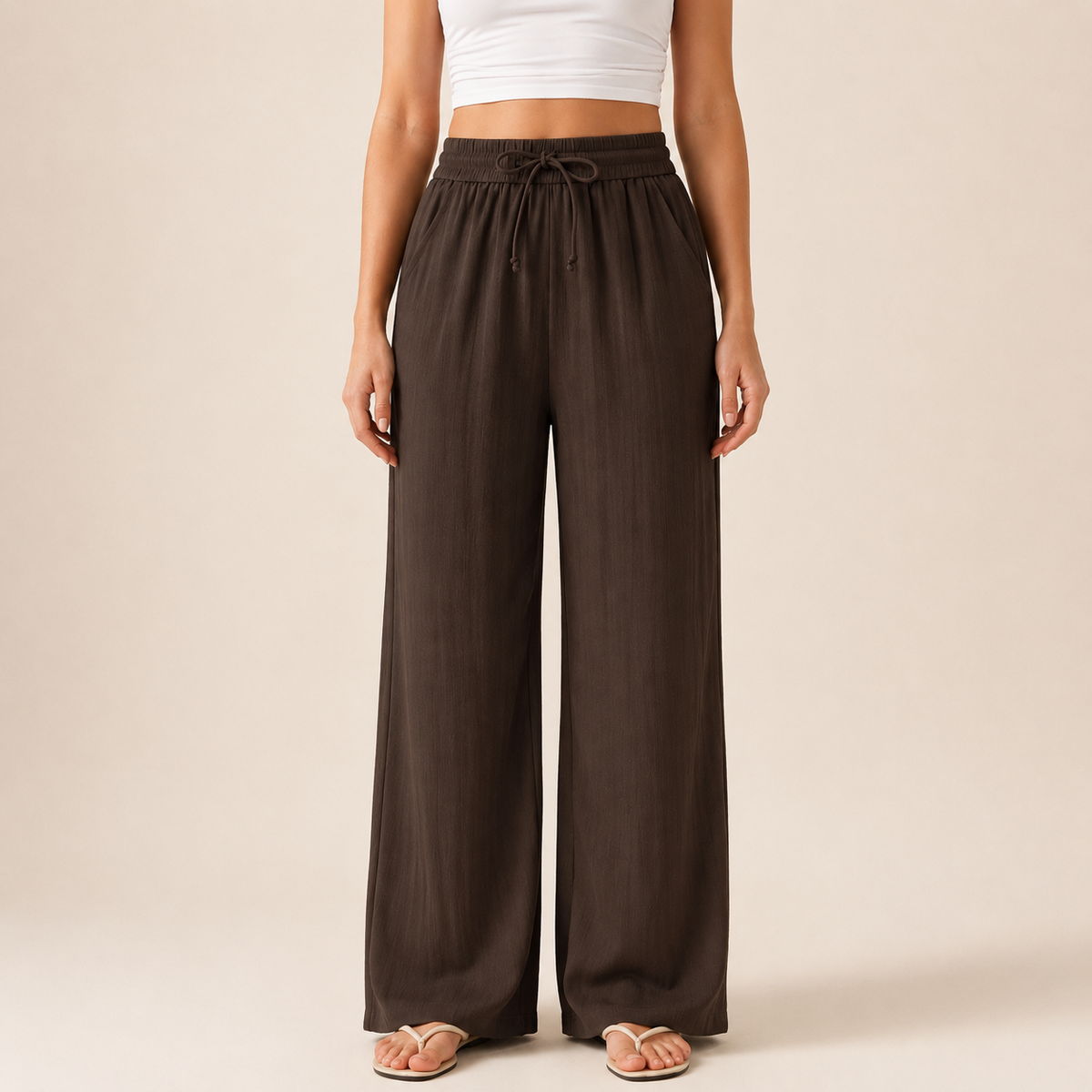 Pantalón de efecto lino con cintura elástica y pierna ancha