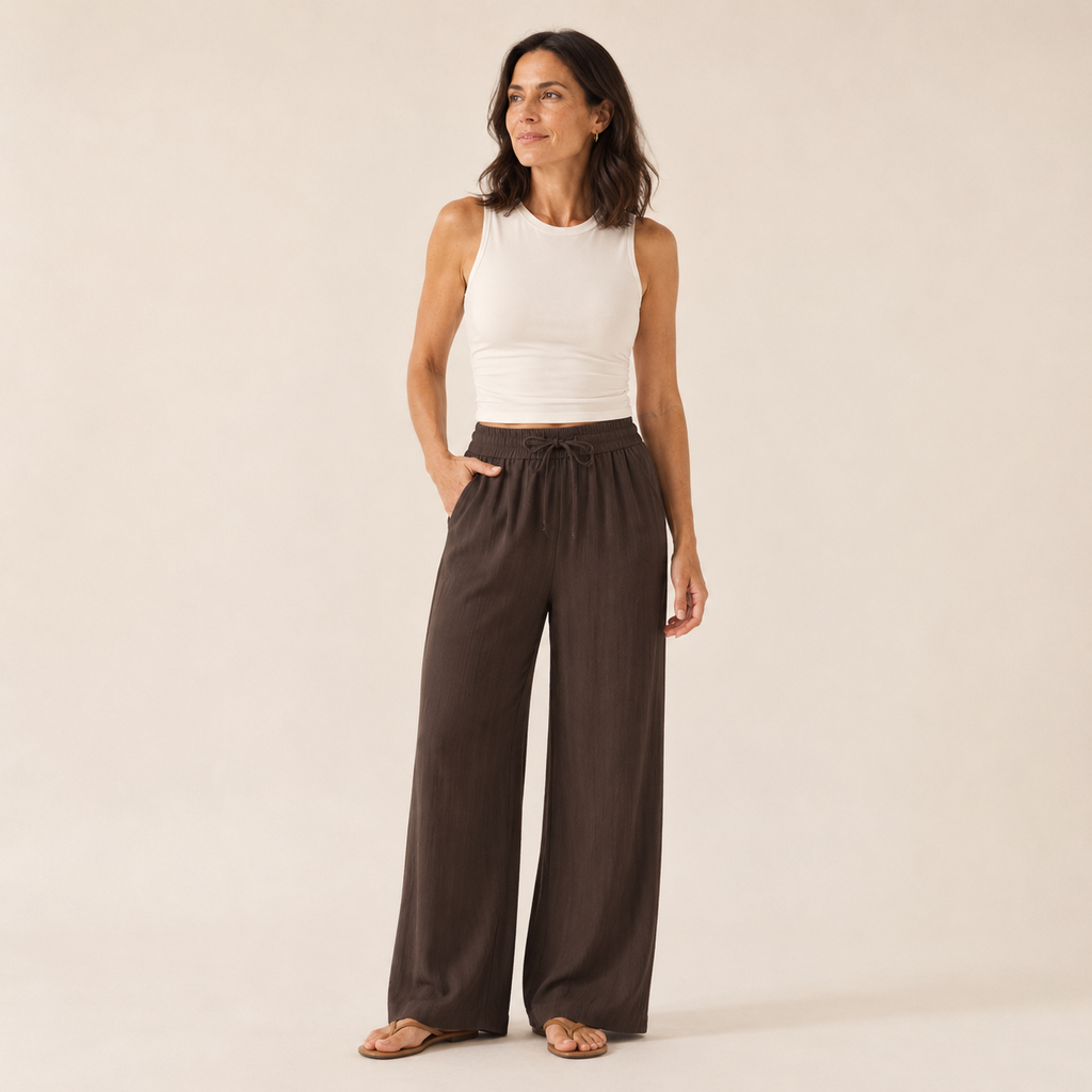 Pantalón de efecto lino con cintura elástica y pierna ancha