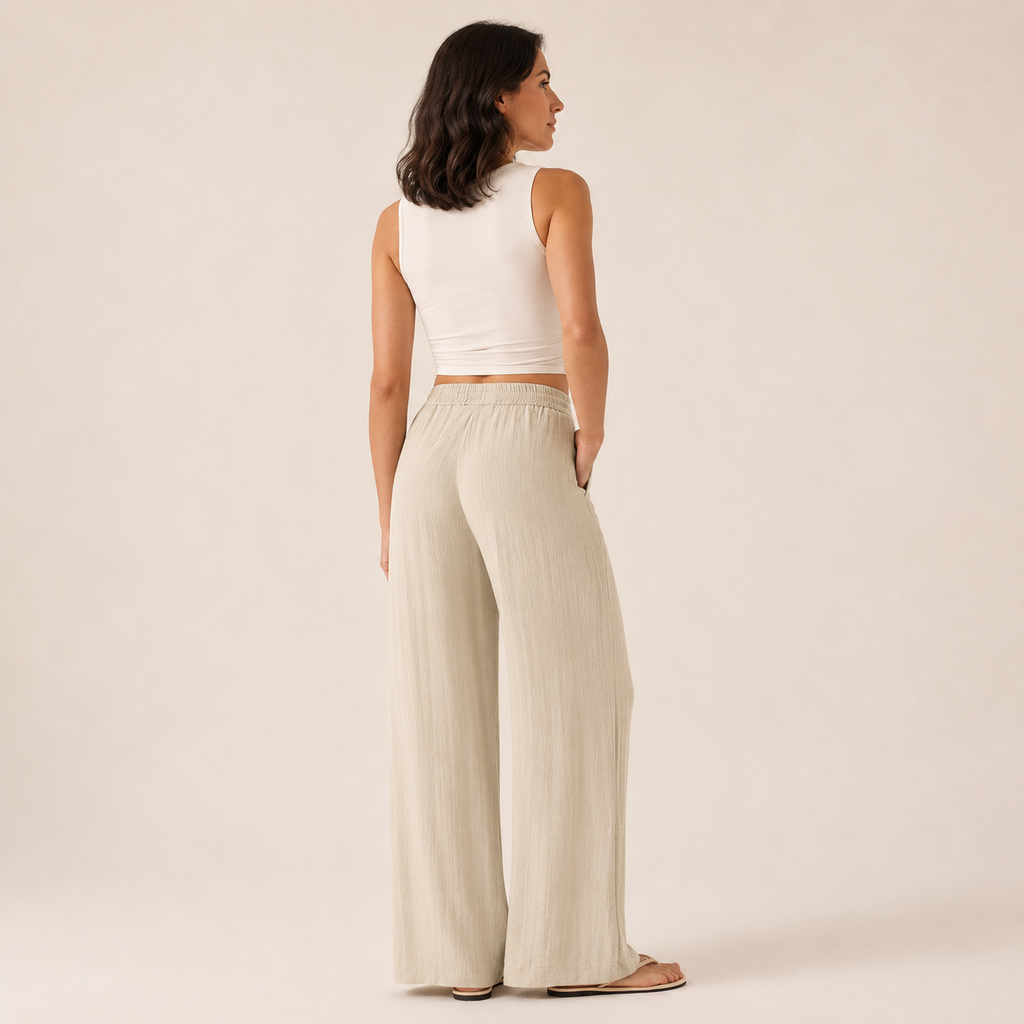 Pantalón de efecto lino con cintura elástica y pierna ancha