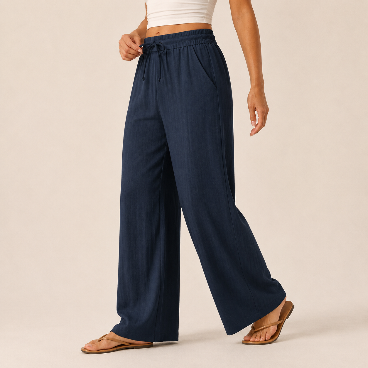 Pantalón de efecto lino con cintura elástica y pierna ancha