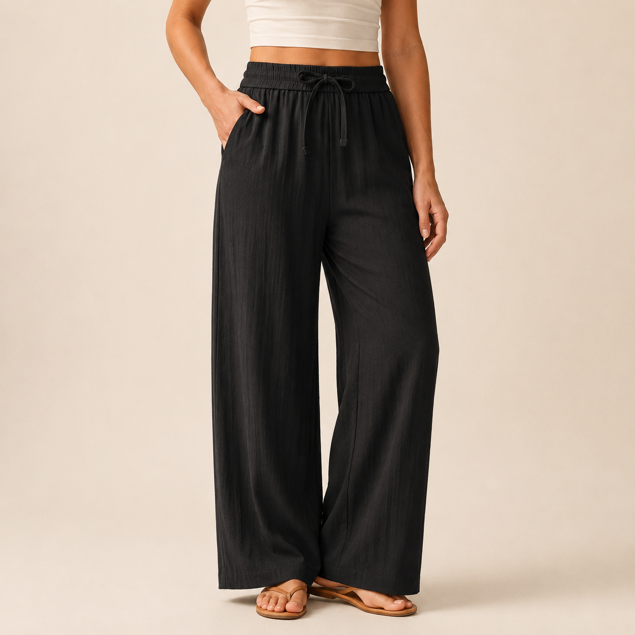Pantalón de efecto lino con cintura elástica y pierna ancha