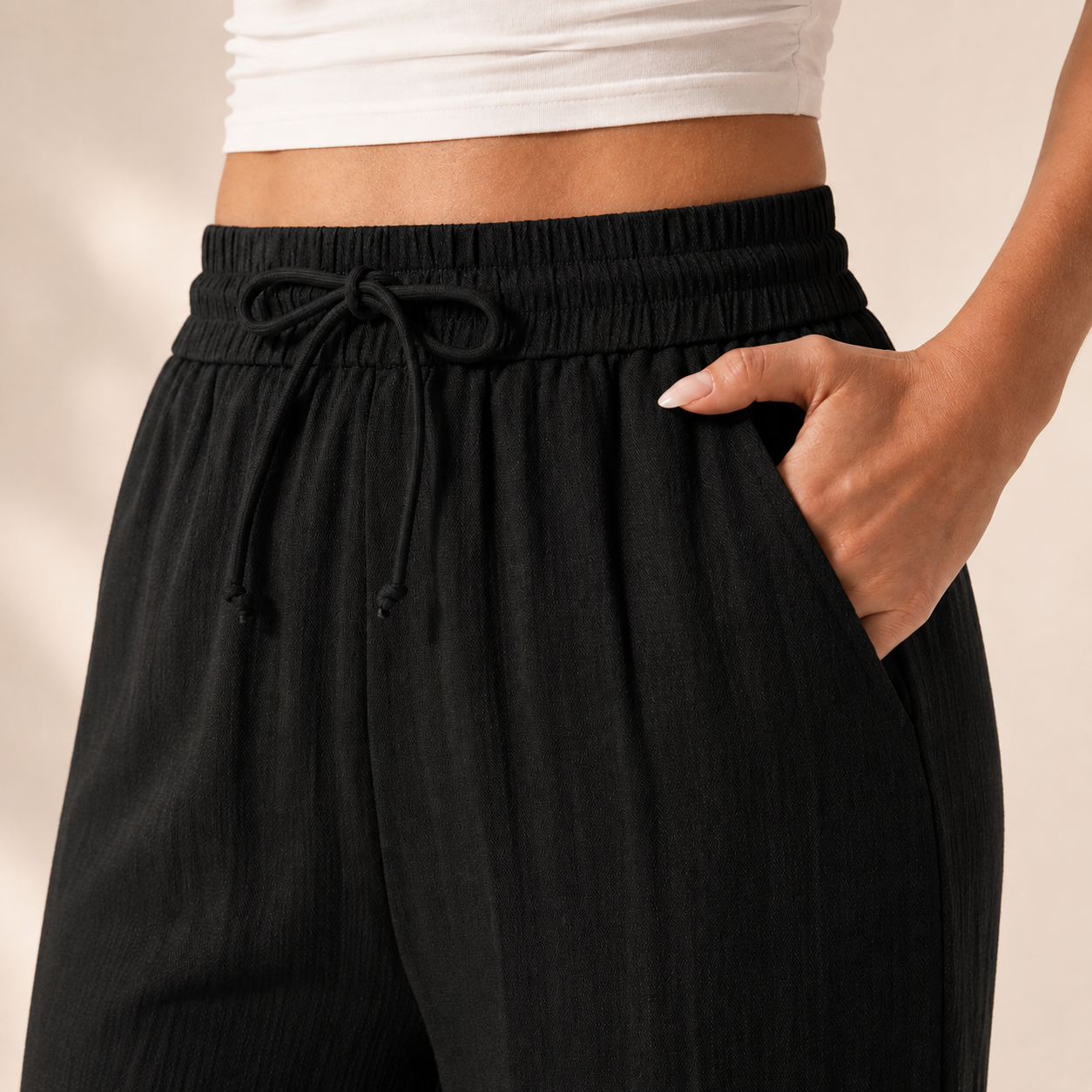 Pantalón de efecto lino con cintura elástica y pierna ancha