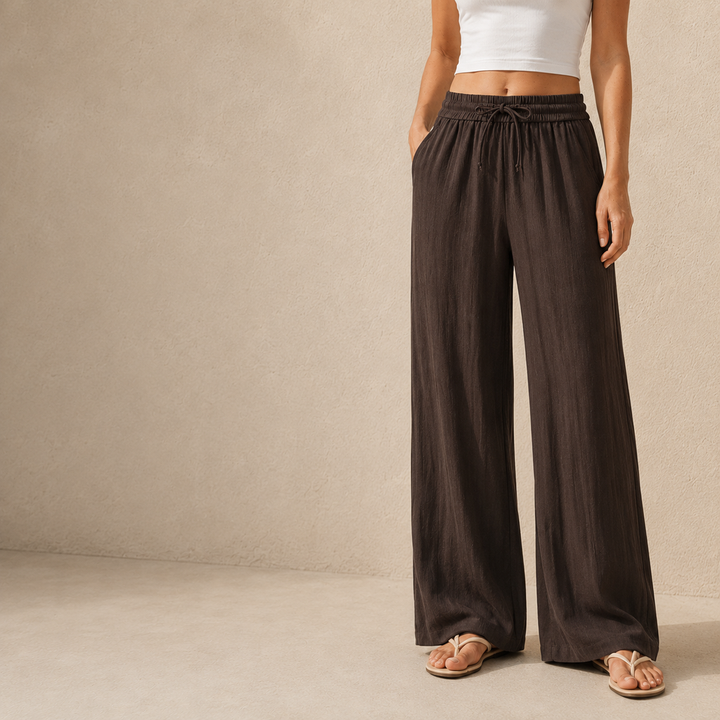 Pantalón de efecto lino con cintura elástica y pierna ancha