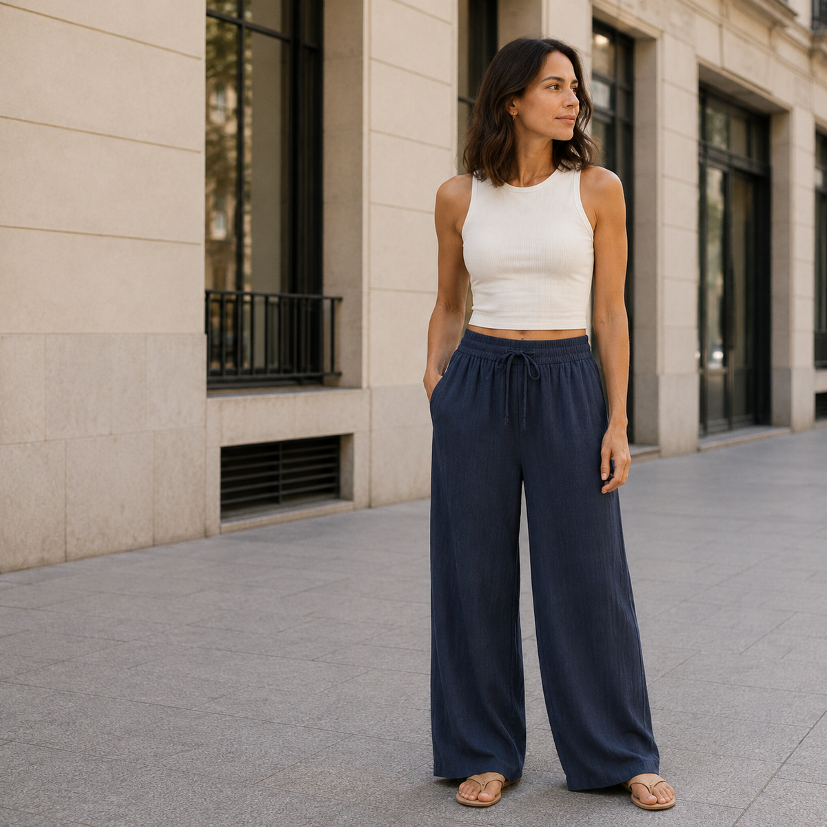 Pantalón de efecto lino con cintura elástica y pierna ancha